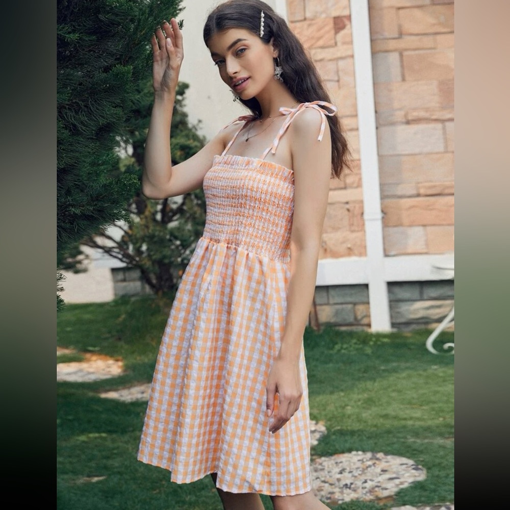 Shein Gingham Print Tie Shoulder Shirred Cami Dress - (US8/10 - Large)